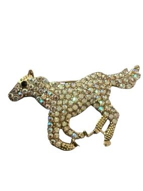 Vintage Gold-Tone Pave Crystal Running Horse Brooch